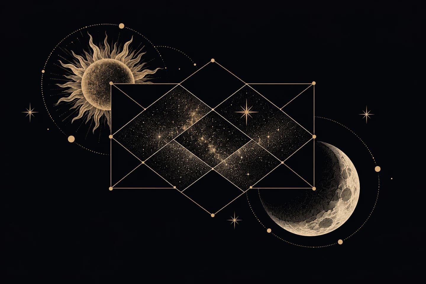 An unlabelled diamond birth-chart lattice with a star highlighting one compartment.