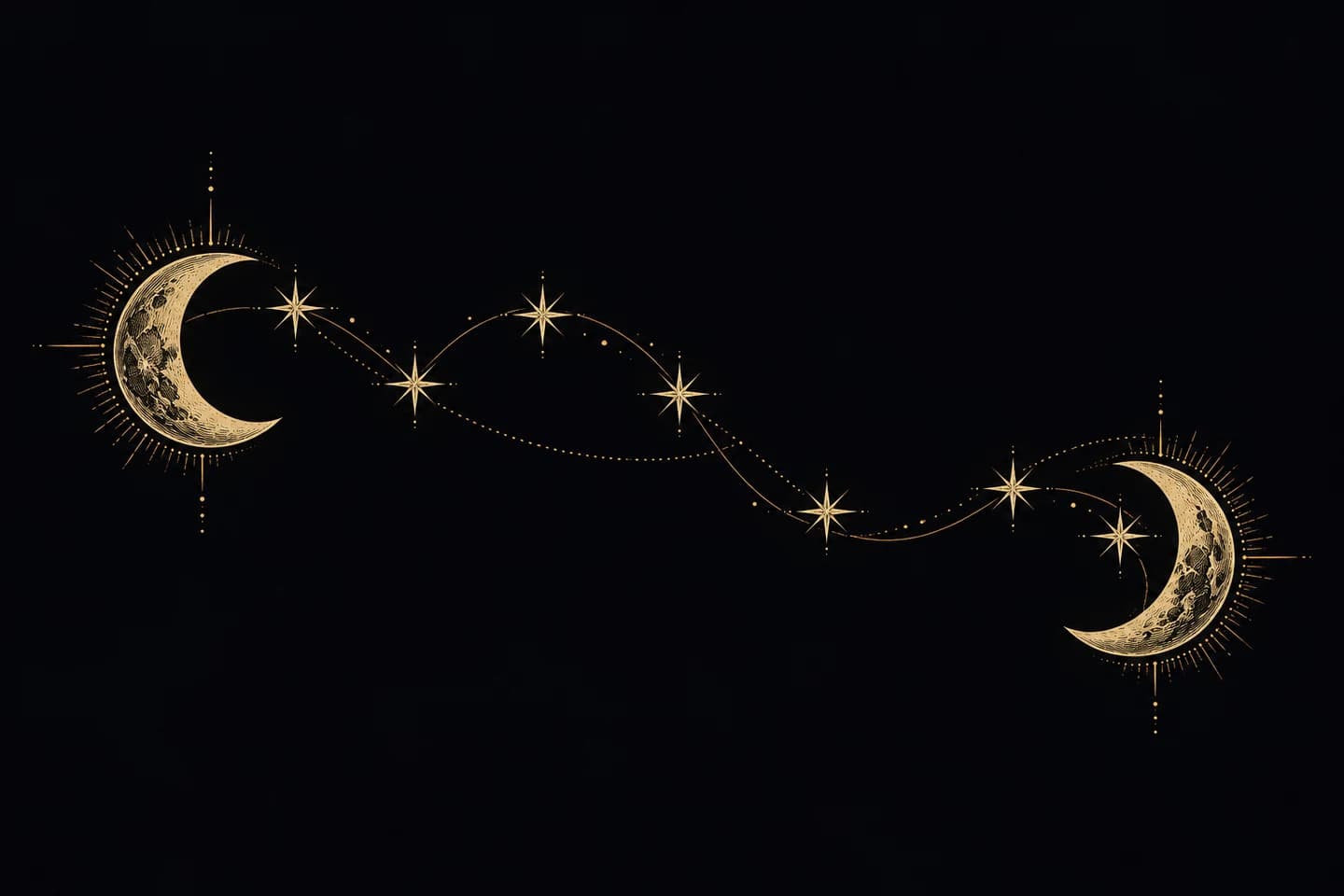 A loose star constellation connecting two engraved crescent forms.