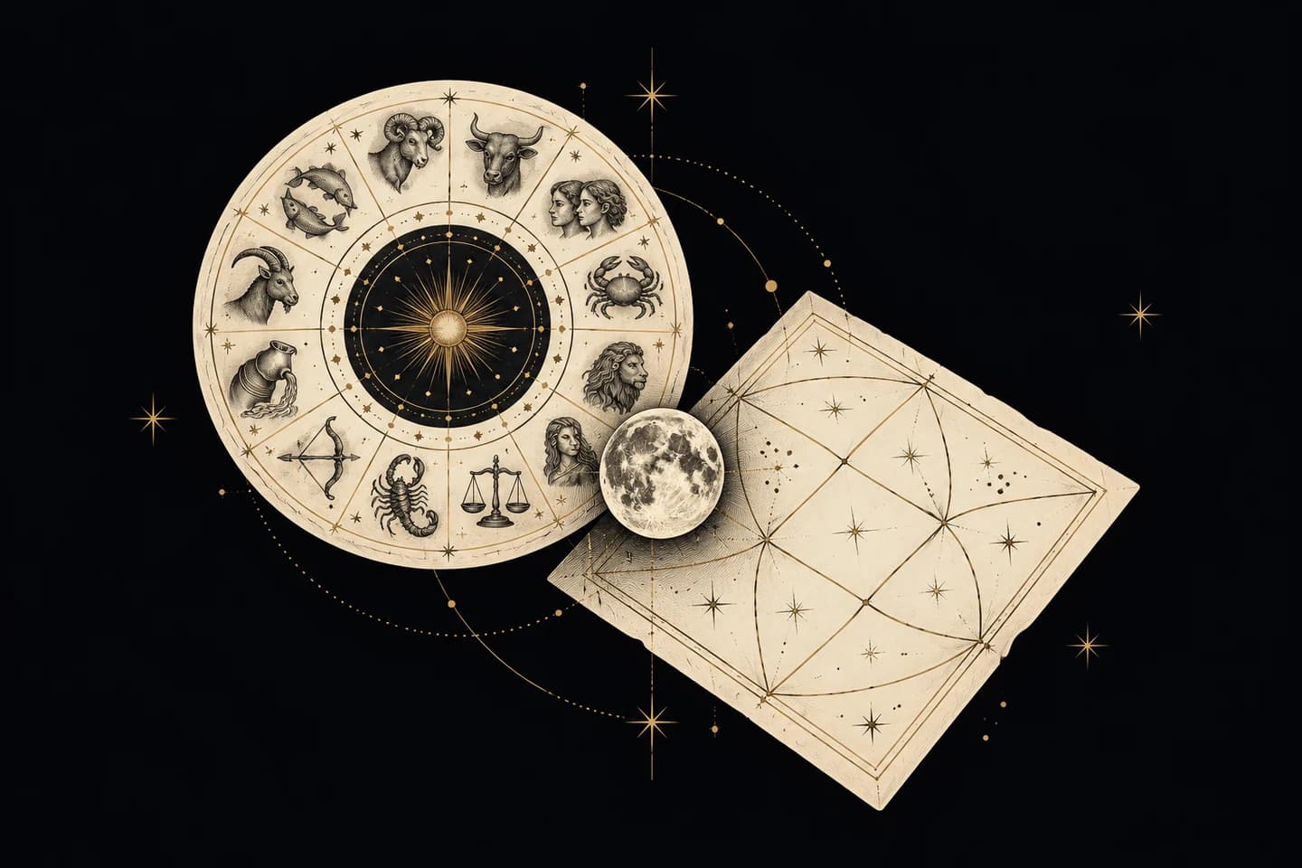 An engraved zodiac wheel and diamond chart connected by one Moon.