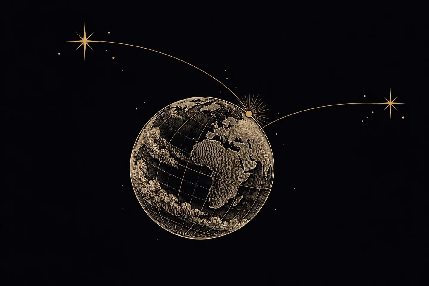 An engraved globe with two horizon arcs reaching toward separate stars.