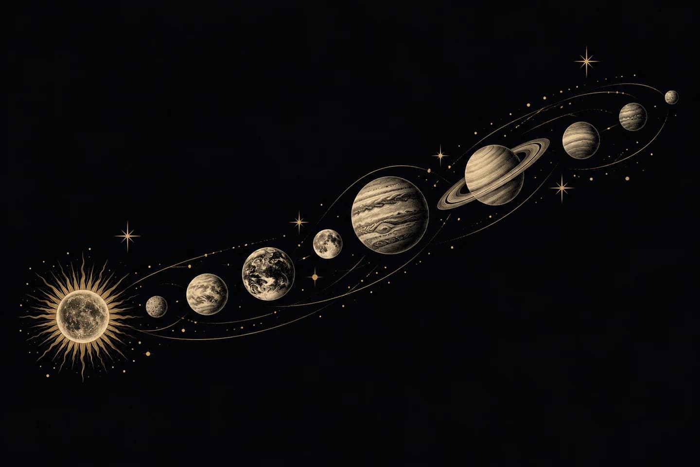 An airy sweep of engraved celestial bodies, including a ringed planet and the Moon.