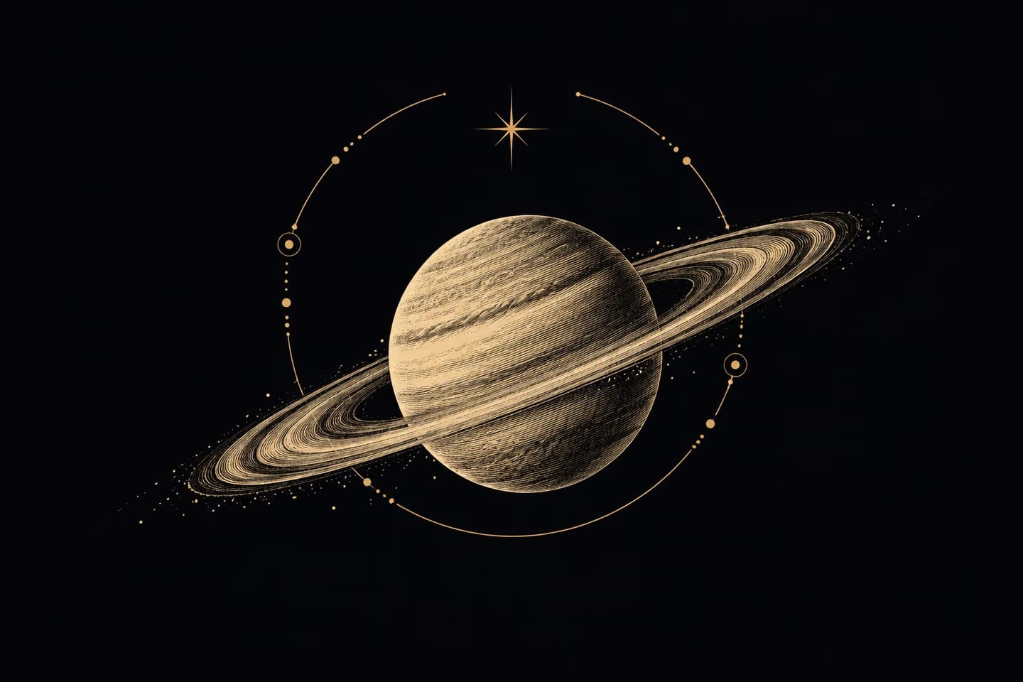 An engraved ringed planet framed by an open celestial arc.