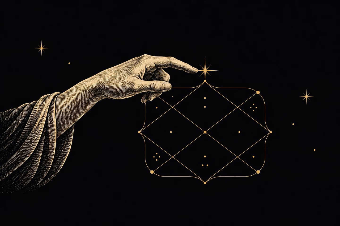 An engraved hand pointing toward a diamond birth-chart lattice.