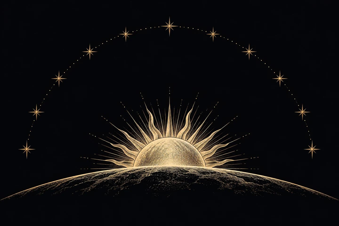 An engraved Sun rising above a curved horizon and a broad starry arc.