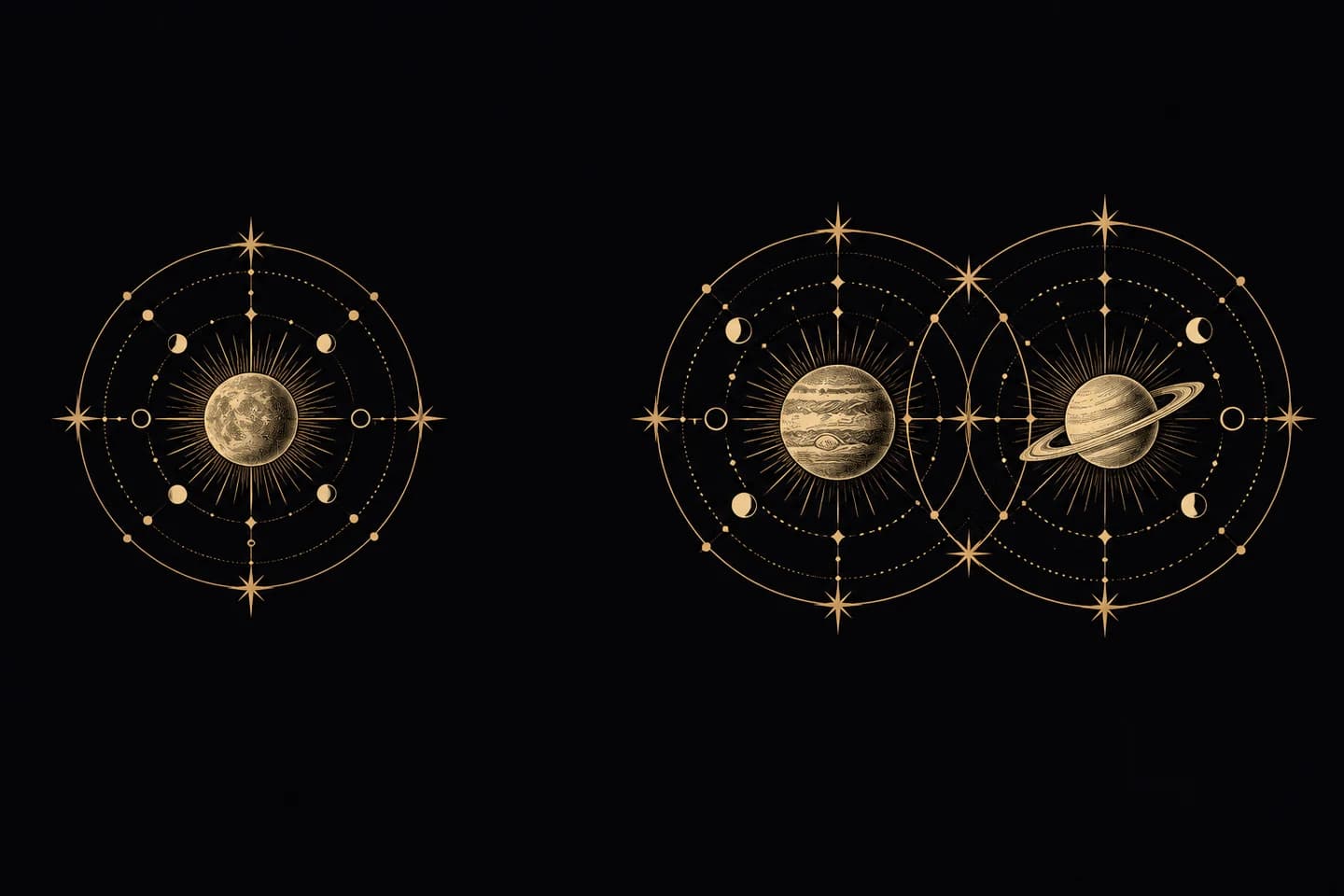 A single celestial chart beside a pair of overlapping charts.