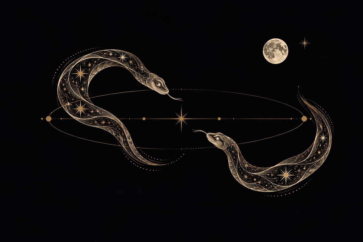 Two graceful engraved celestial serpents at opposite ends of an orbital axis.