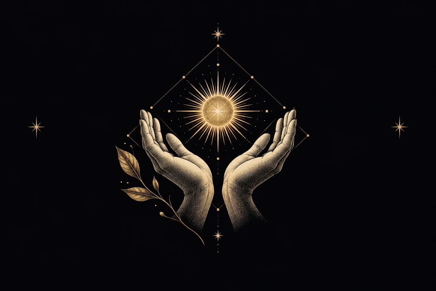 Two open engraved hands cupping a small star above a faint diamond chart.