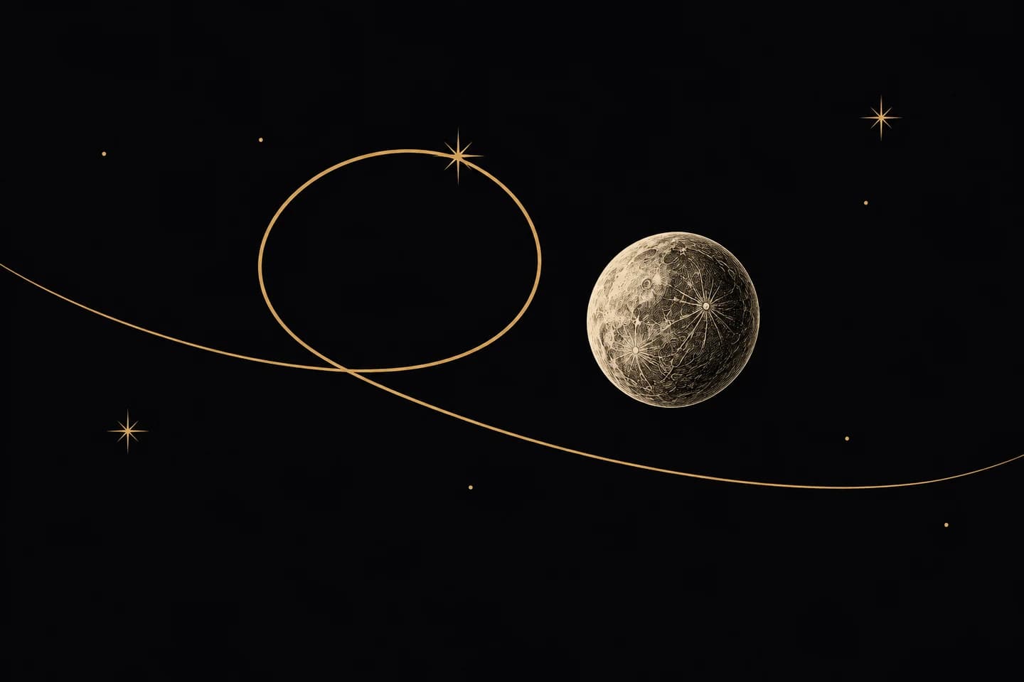 An engraved Mercury beside a returning golden celestial loop.