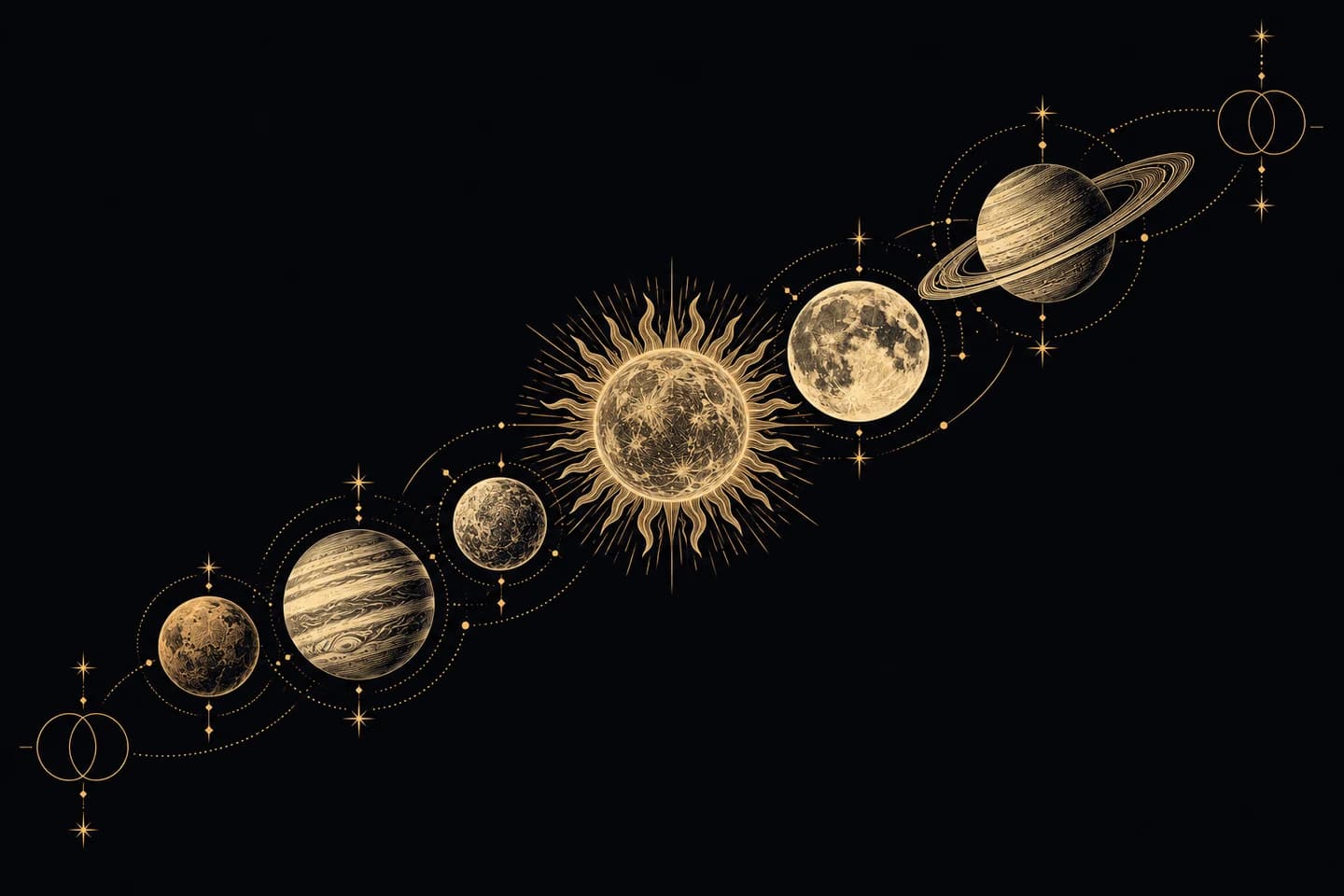 Engraved celestial discs and opposing node marks in an open diagonal arrangement.