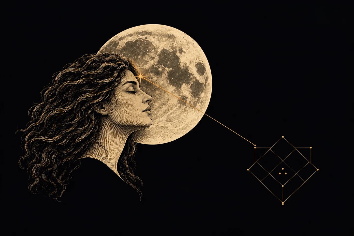 A single engraved profile beside the Moon and a small diamond chart.