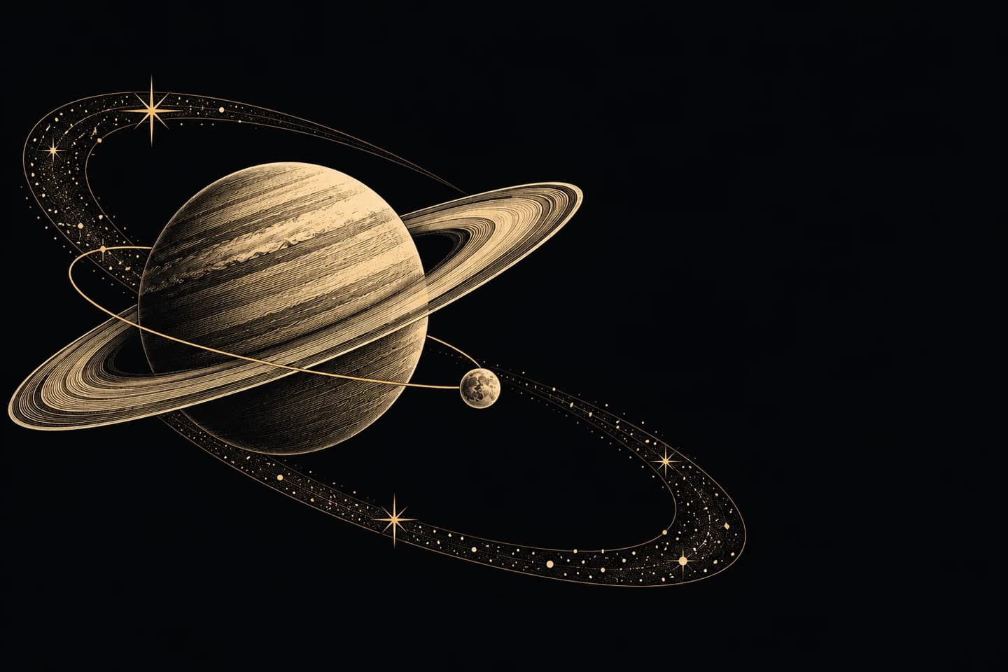 An engraved ringed planet with two crossing celestial paths.