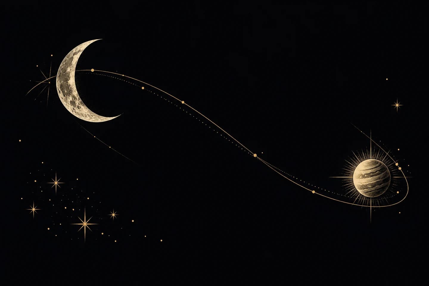 A crescent Moon and a small planet on a long sweeping celestial arc.