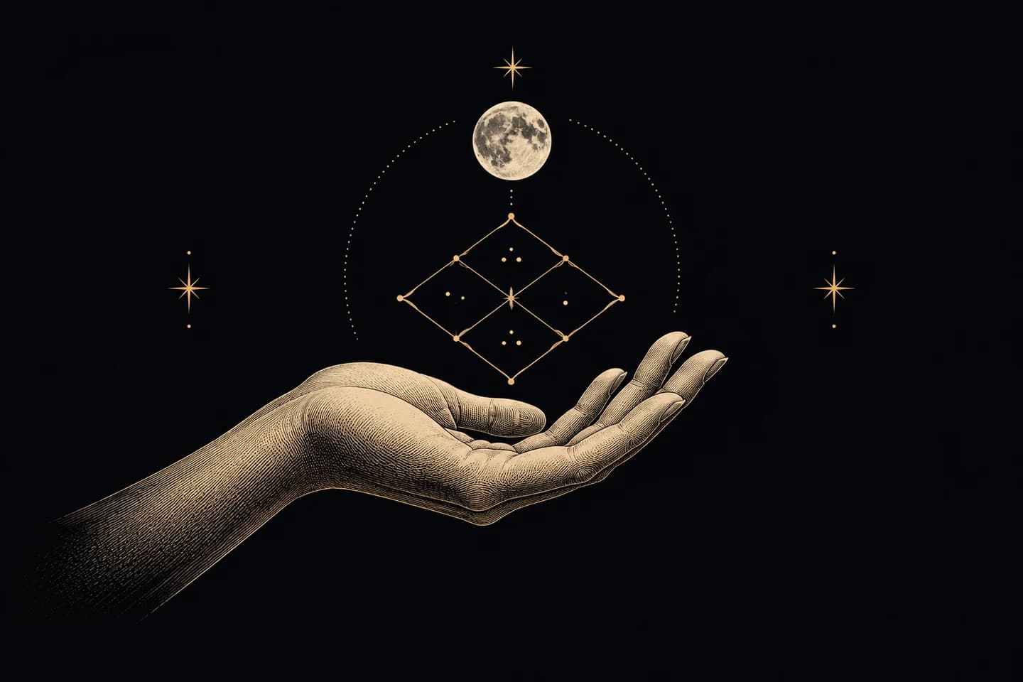 An open hand supporting a small diamond chart beneath the Moon.