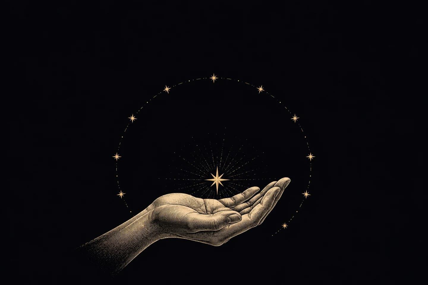An open engraved palm holding a star within a broken celestial arc.