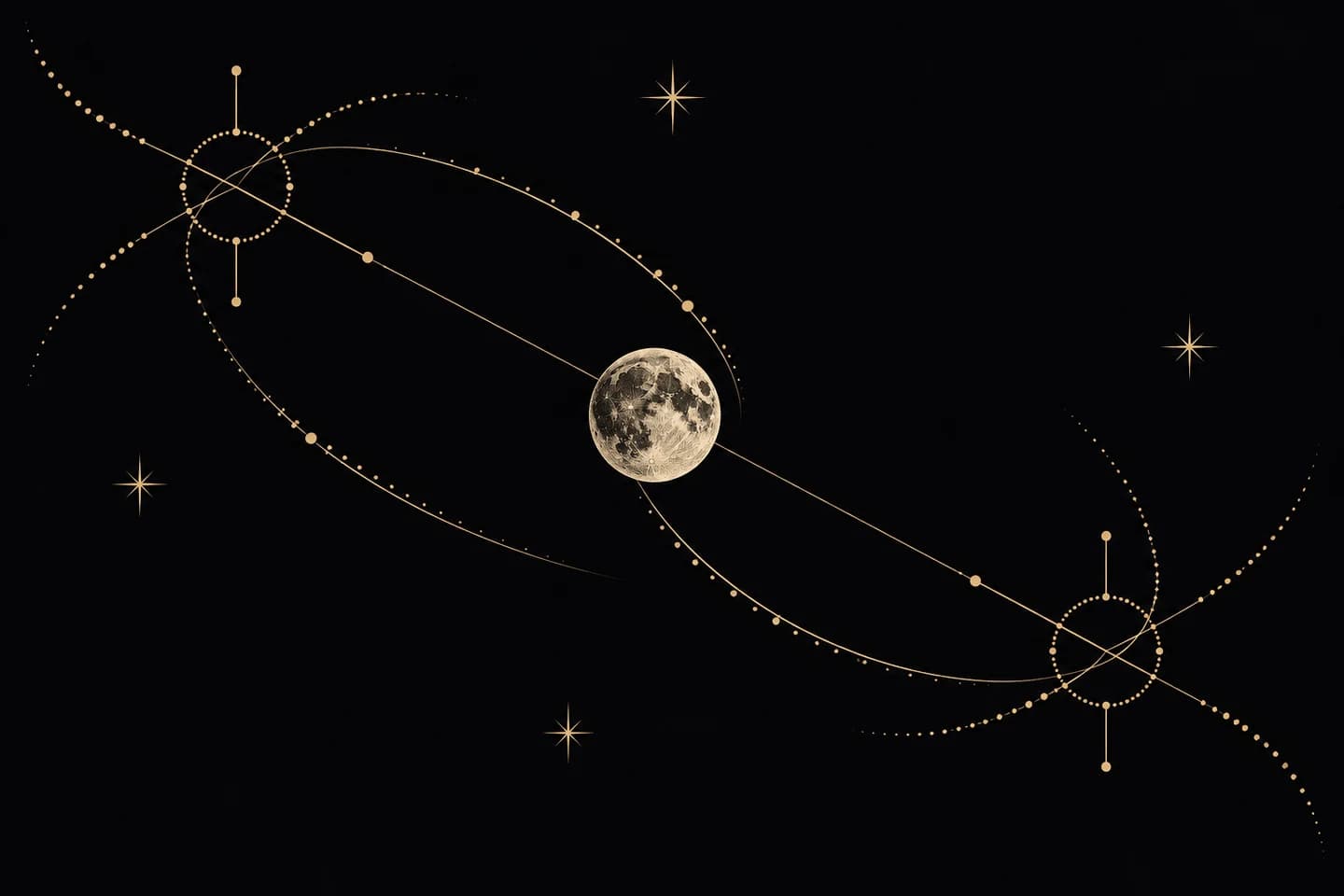 Opposing celestial intersections linked by a diagonal axis and a lunar arc.