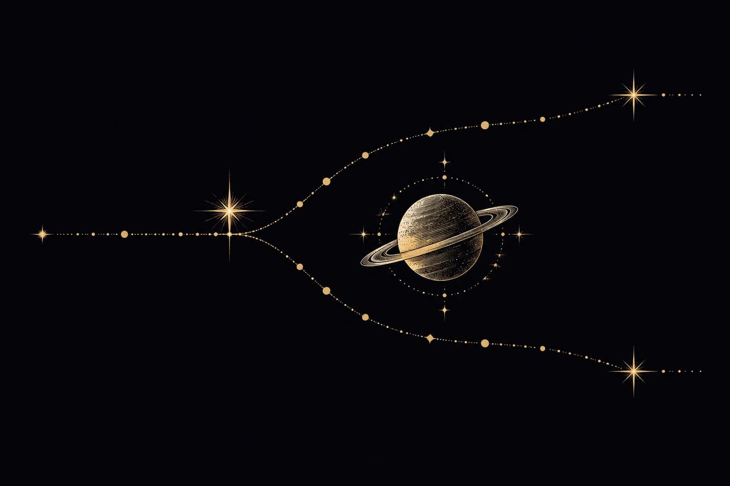 A constellation path branching around a small ringed planet.