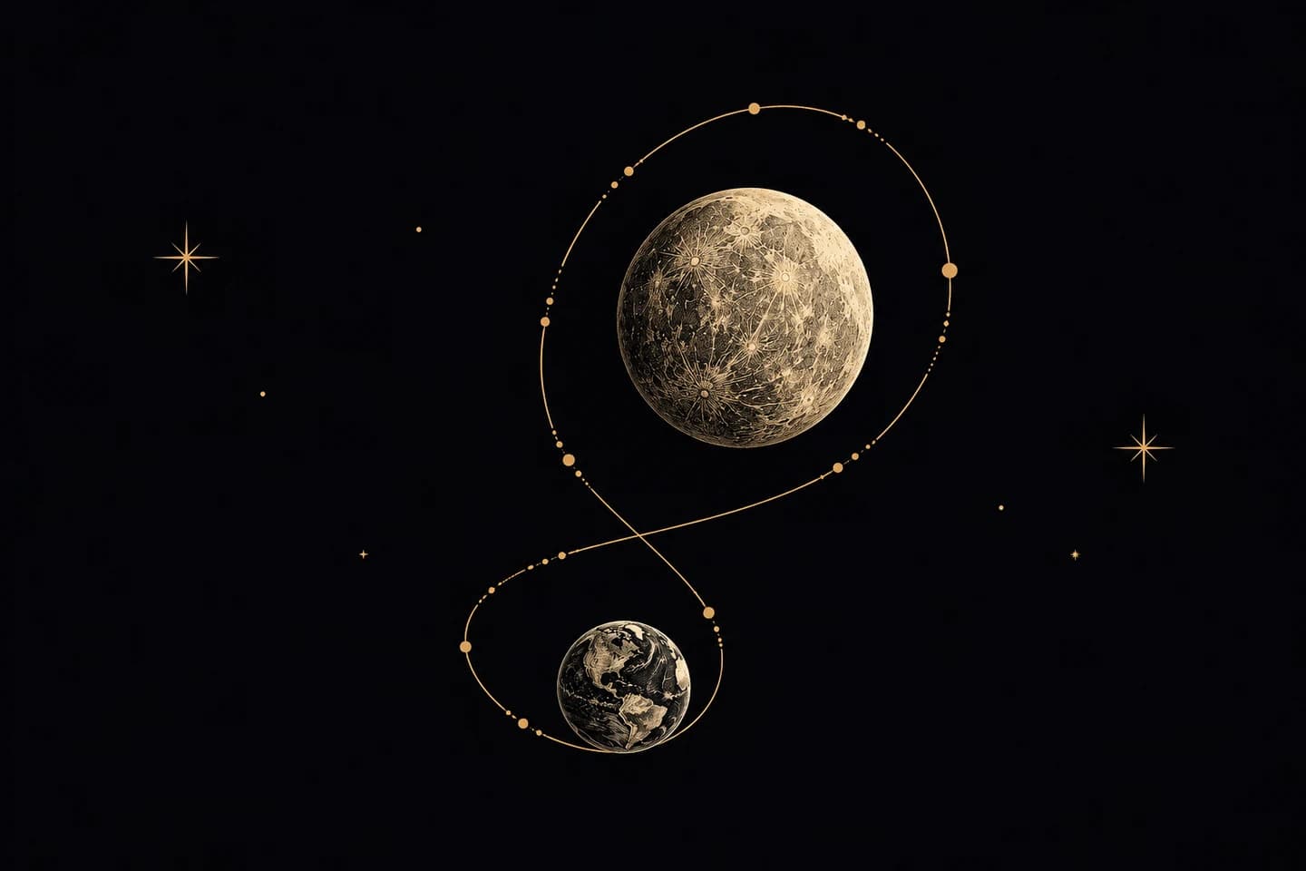 An engraved planet and Earth connected by a returning celestial loop.