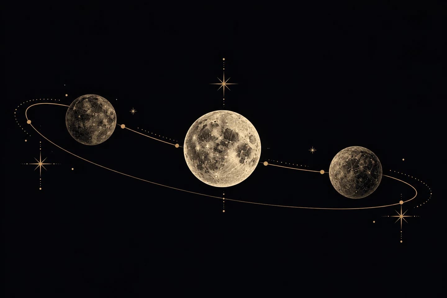 Three engraved planetary discs along a sweeping celestial arc.