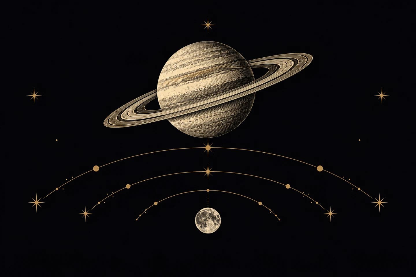 An engraved Saturn above three celestial arcs and a small Moon.