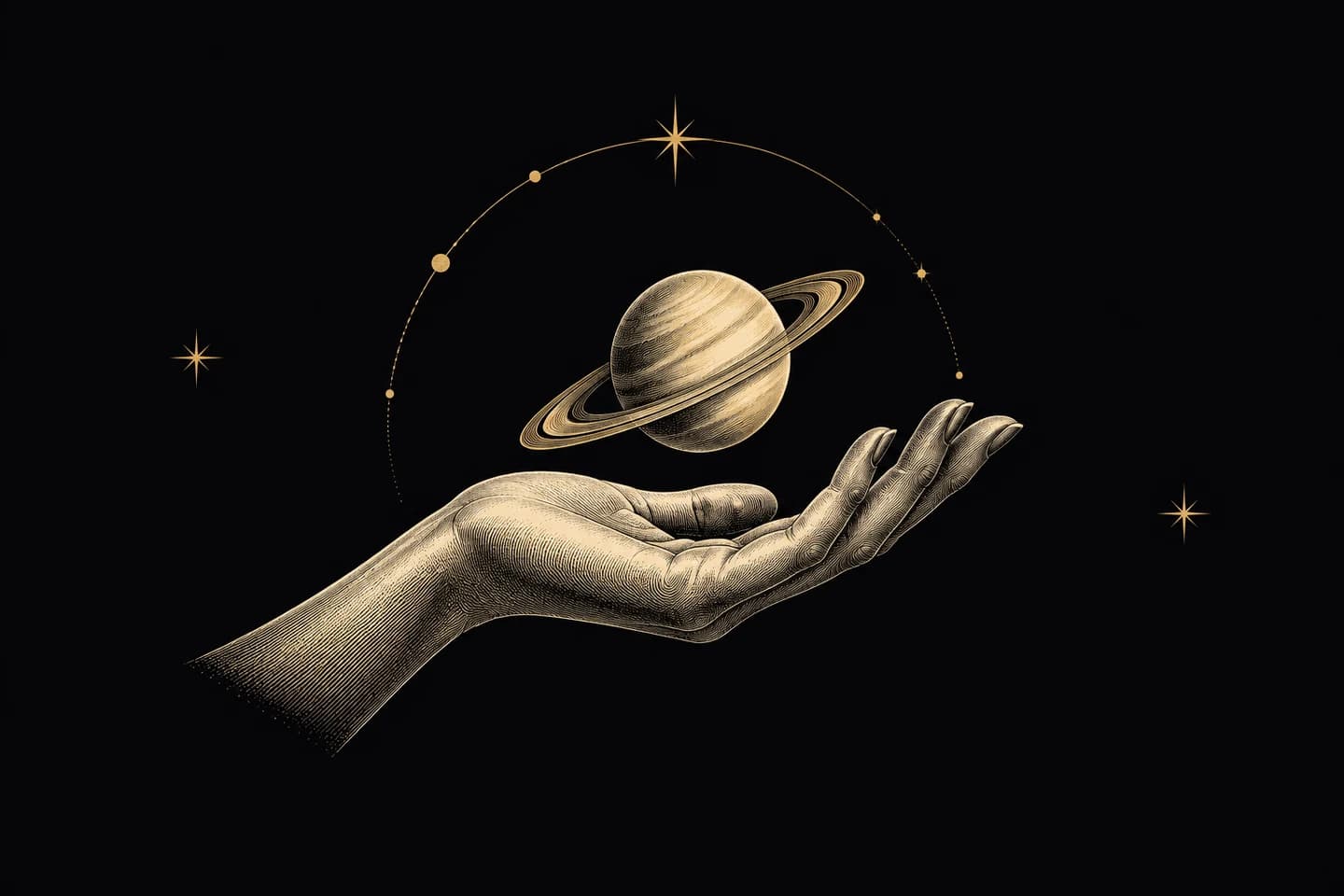An open engraved hand supporting a small ringed Saturn.