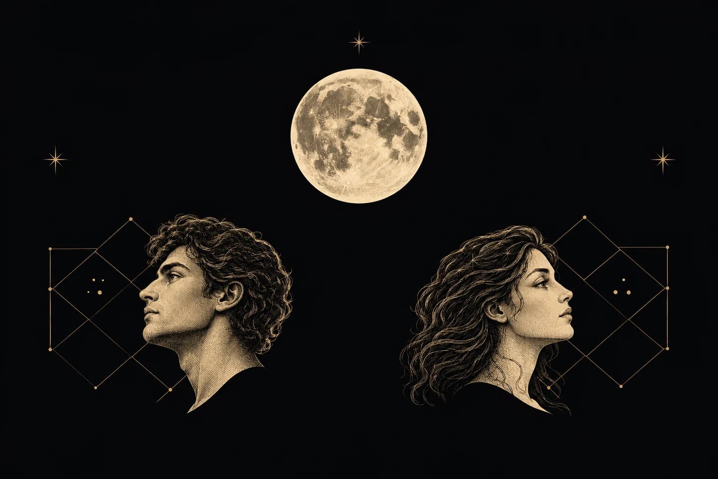Two engraved profiles beneath one Moon, each with a different celestial chart.