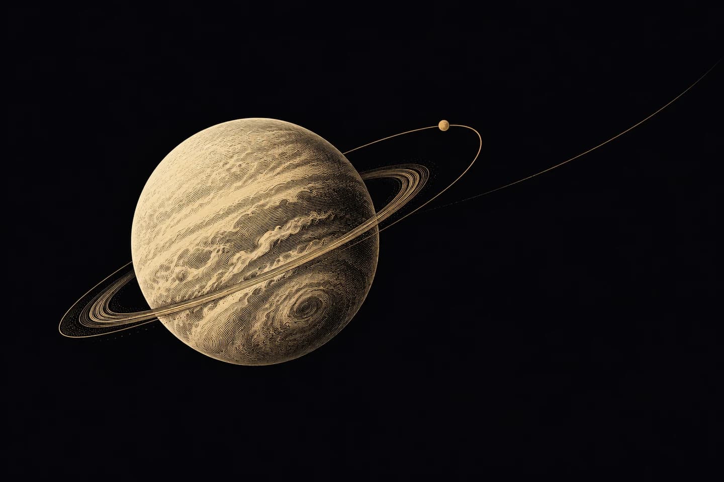 An engraved Uranus with a delicate tilted ring and a returning celestial arc.