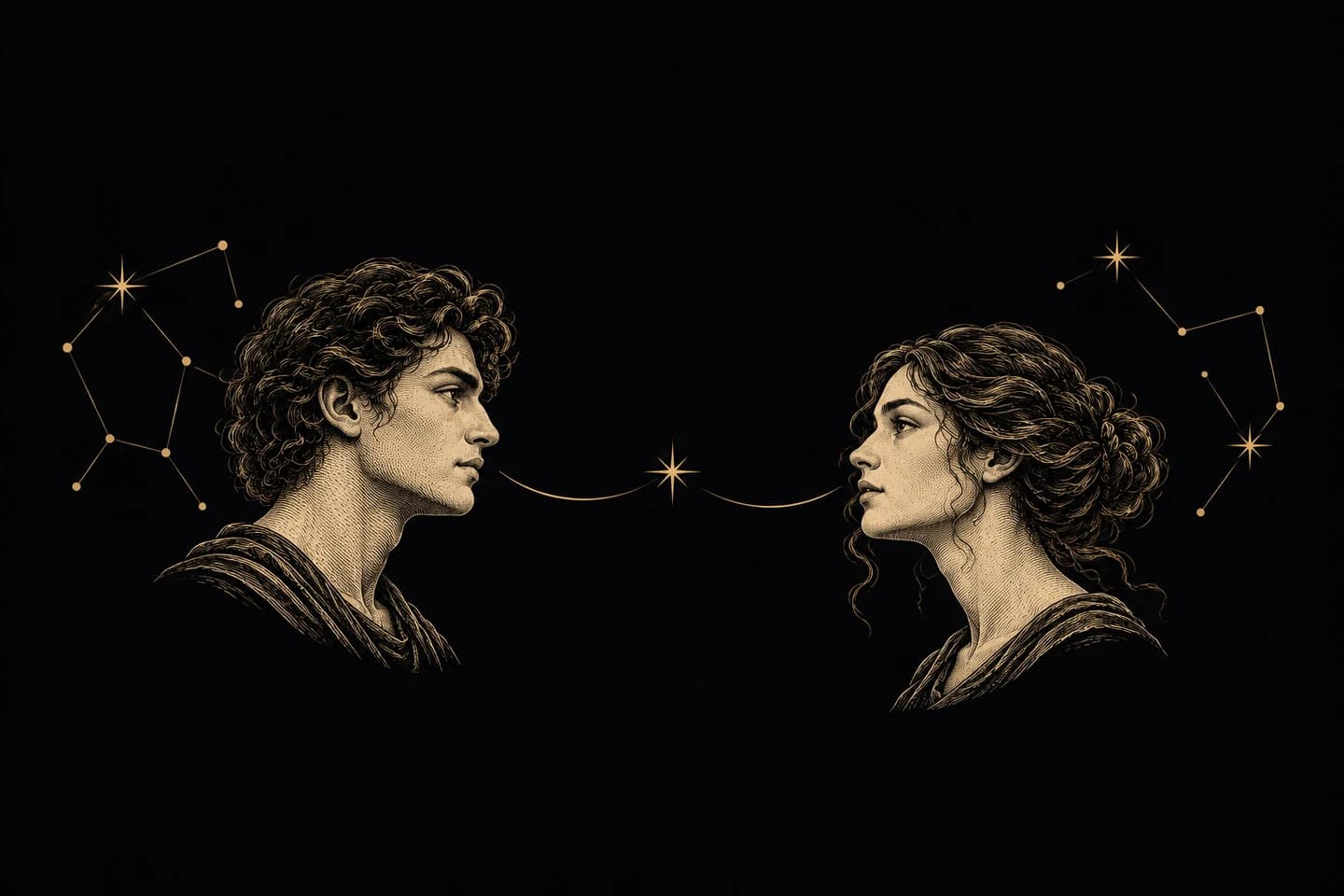 Two engraved profiles facing one another across a small guiding star.