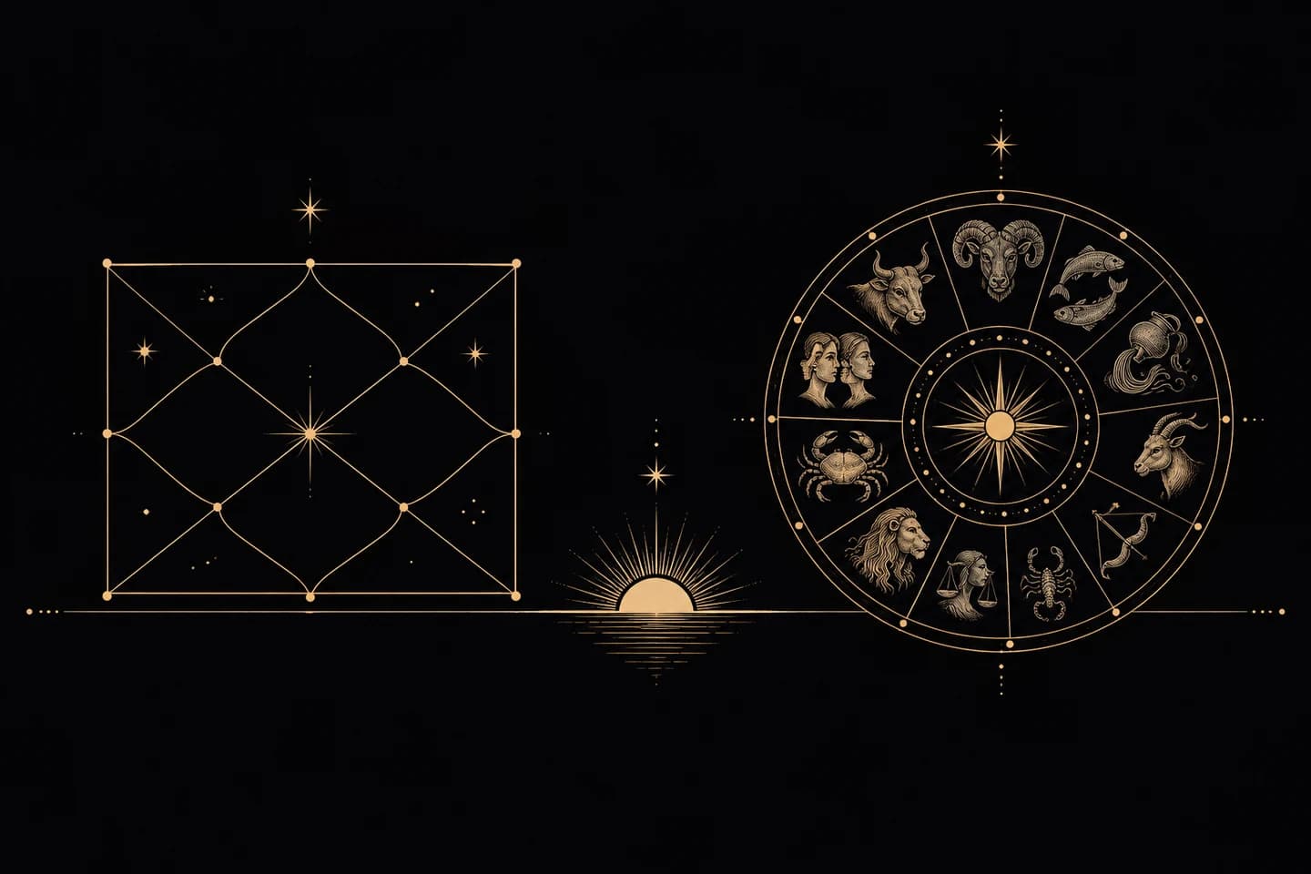 A diamond birth-chart lattice and a circular zodiac wheel joined by a horizon.