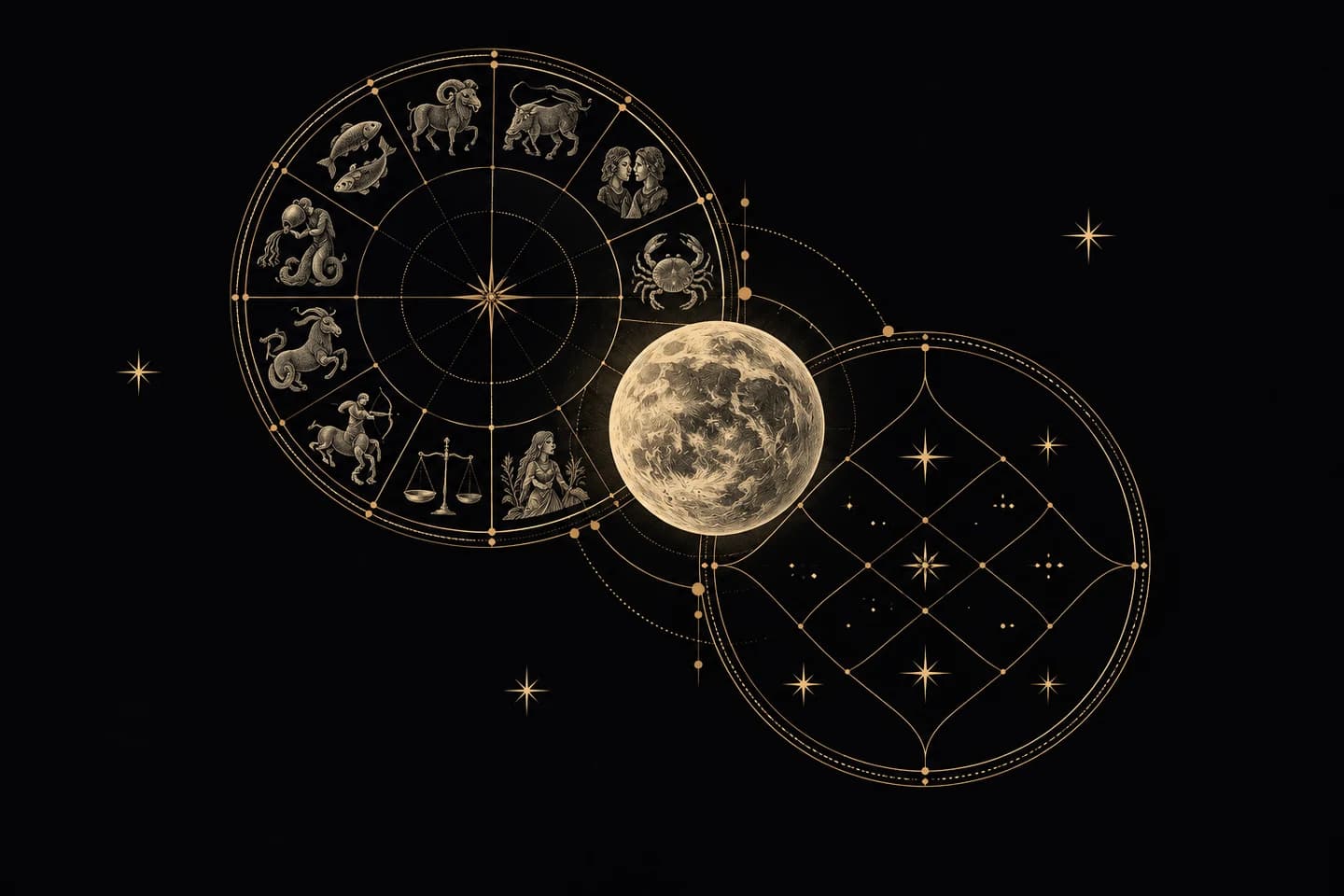 Two offset celestial circles sharing one engraved planet.