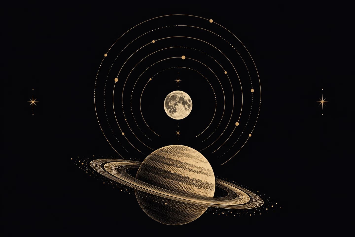Layered celestial arcs around a small Moon and an engraved ringed planet.