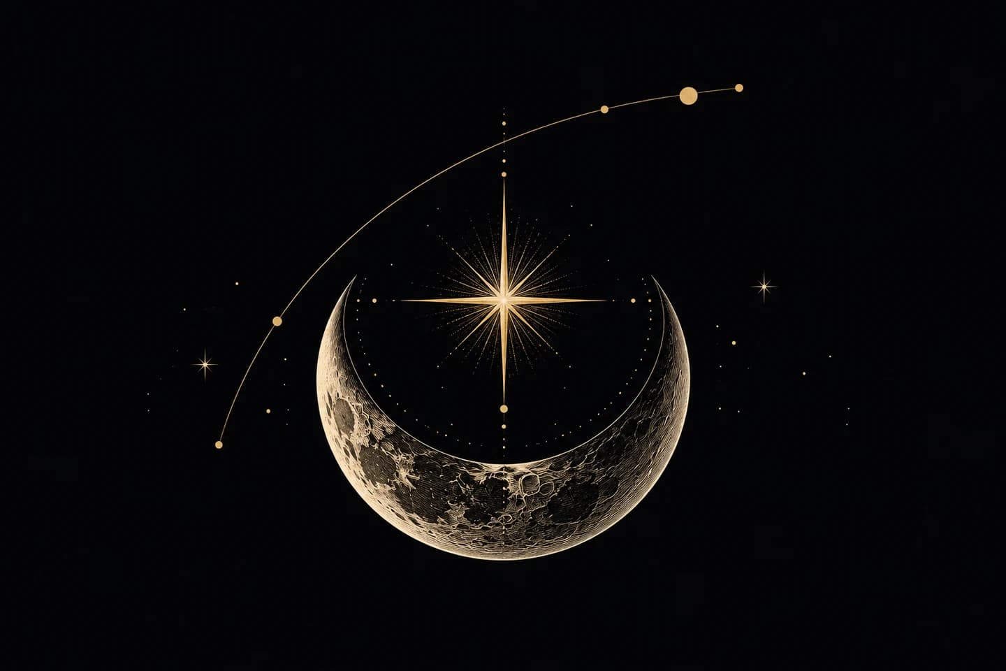 A bright star emerging from an engraved crescent form.