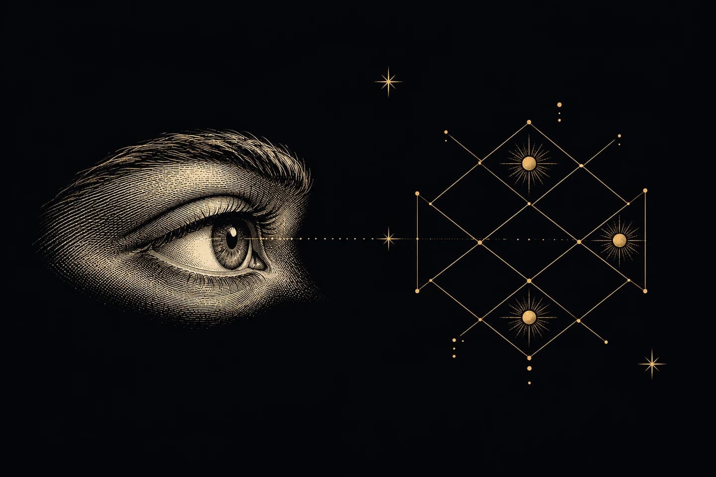 An engraved eye beside a diamond chart with highlighted points.