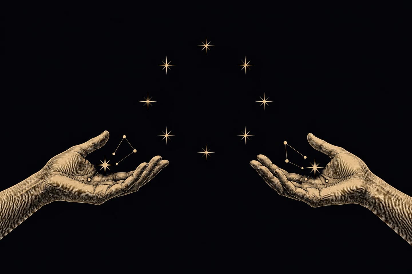 Two engraved hands with separate constellations and a circle of stars between them.