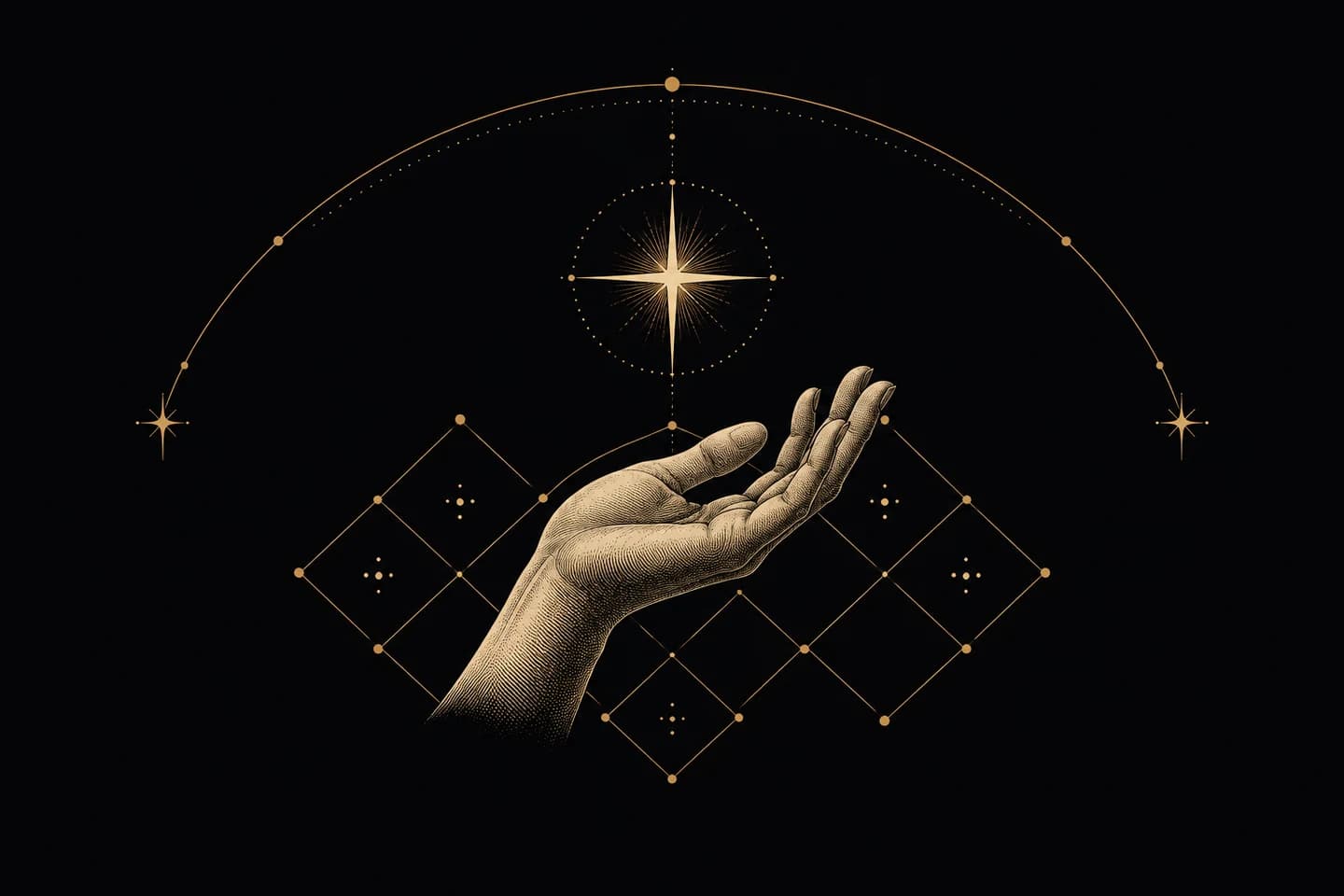 An upward-facing hand holding a bright star above a diamond chart.
