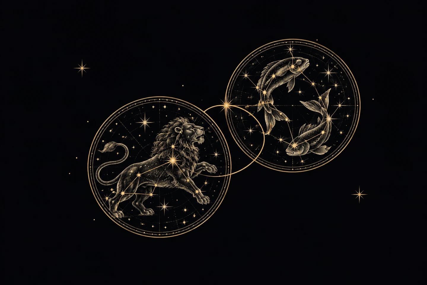 Two different engraved celestial maps joined by a fine golden thread.