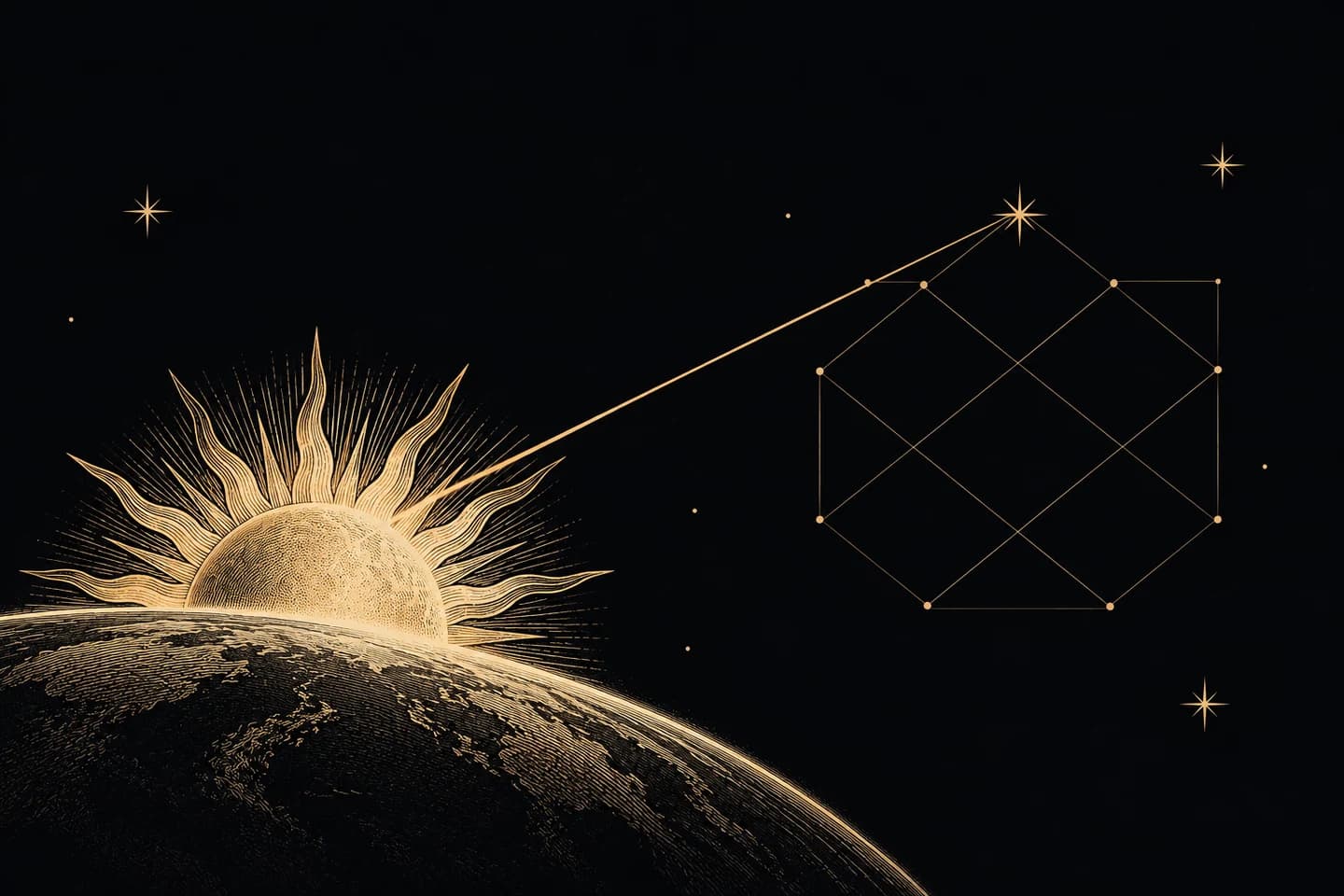A rising Sun and a golden ray reaching toward a diamond chart.