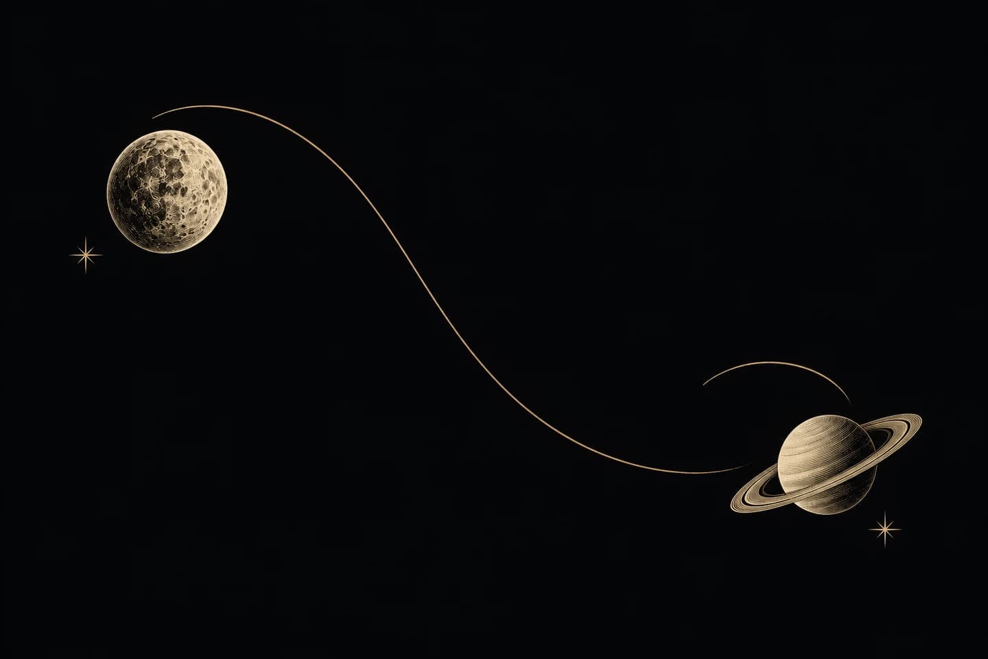 Decorative engraved Mercury and Saturn with an open returning gold arc.