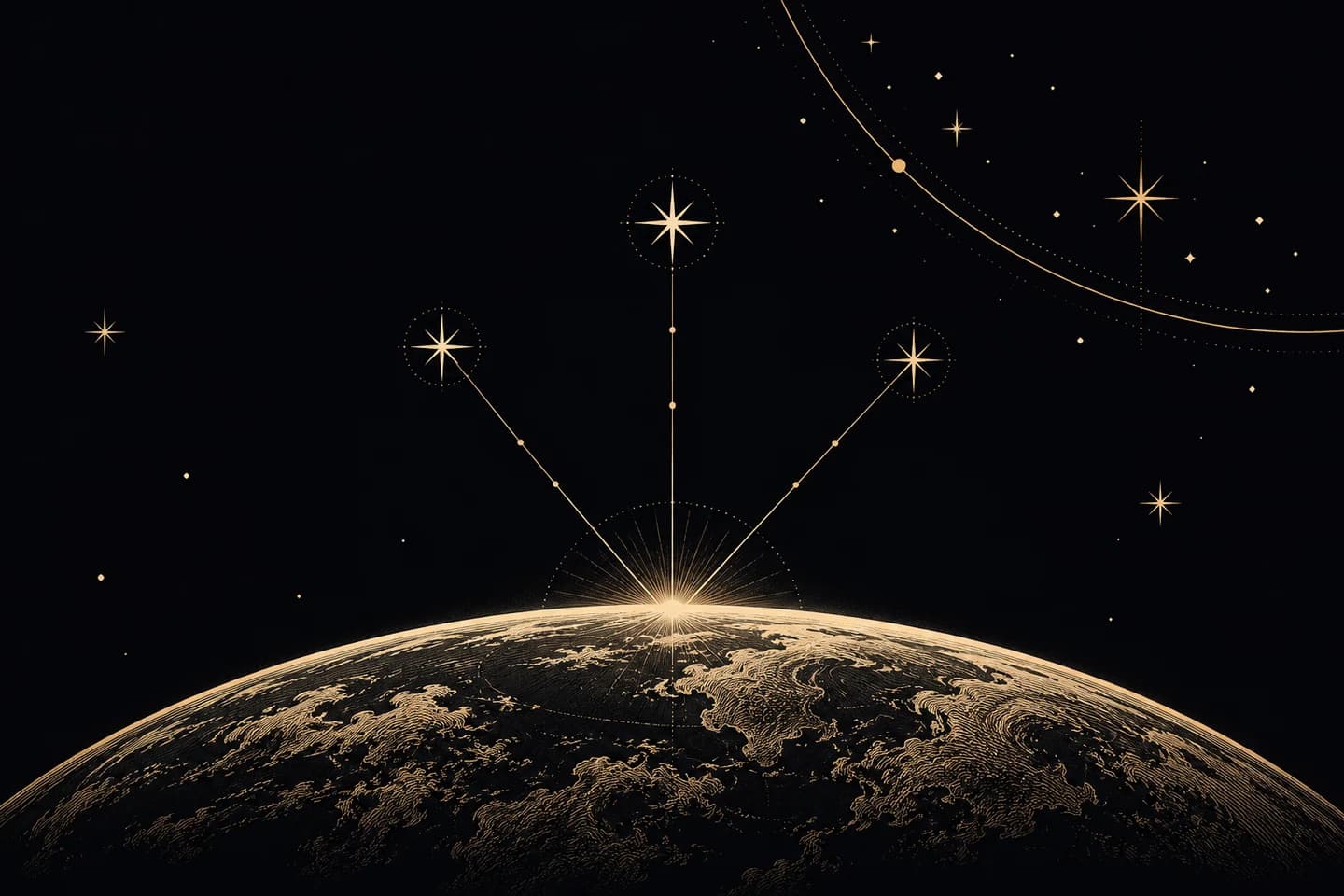 Three rising angles above an engraved curved horizon.