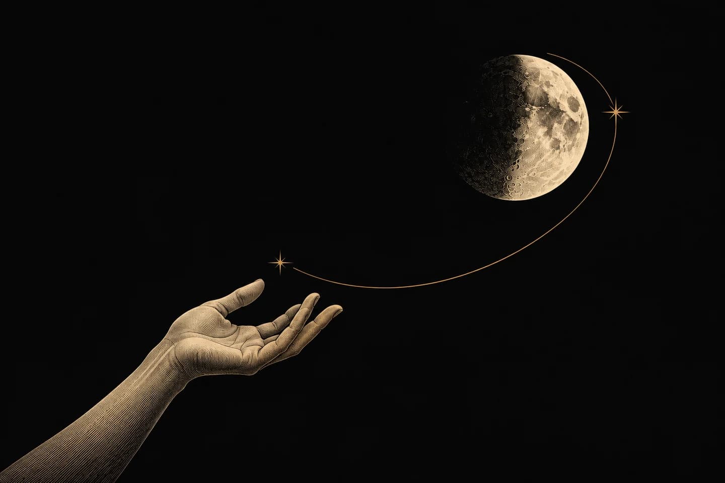An engraved open hand beneath a half-lit Moon, joined by a fine gold arc.